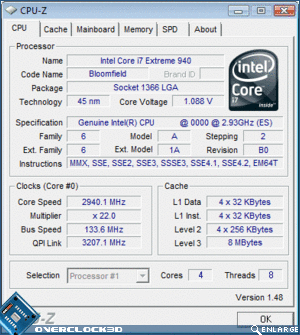 Intel Core i7 Extreme 940 CPU-Z