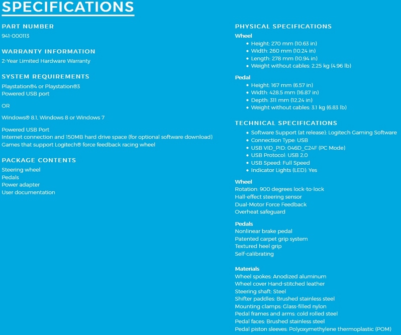 Logitech G920 specifications