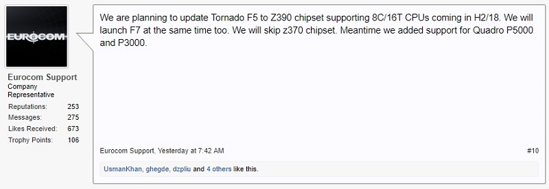 EUROCOM Rep states that Intel's X390 chipset will support 8c/16th CPUs