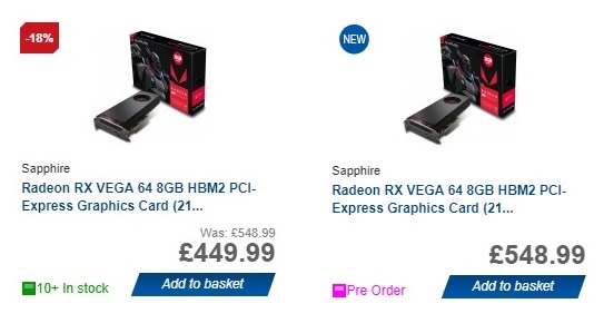 The prices of AMD's RX Vega 64 has increased by almost Ã‚Â£100 within two hours of hitting retail